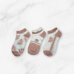 [10155] - 3 Pairs Women’s Cotton Blend Low-Cut Ankle Socks – Breathable Floral/Shape Motifs 
