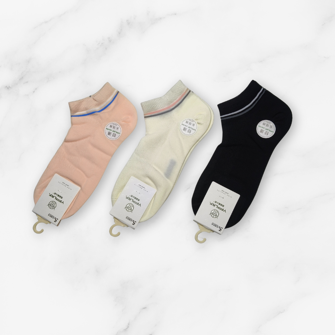[10151] - 3 Pairs Women’s High-Cotton Low-Cut Ankle Socks – Breathable Stripes/Plain & Comfort _6