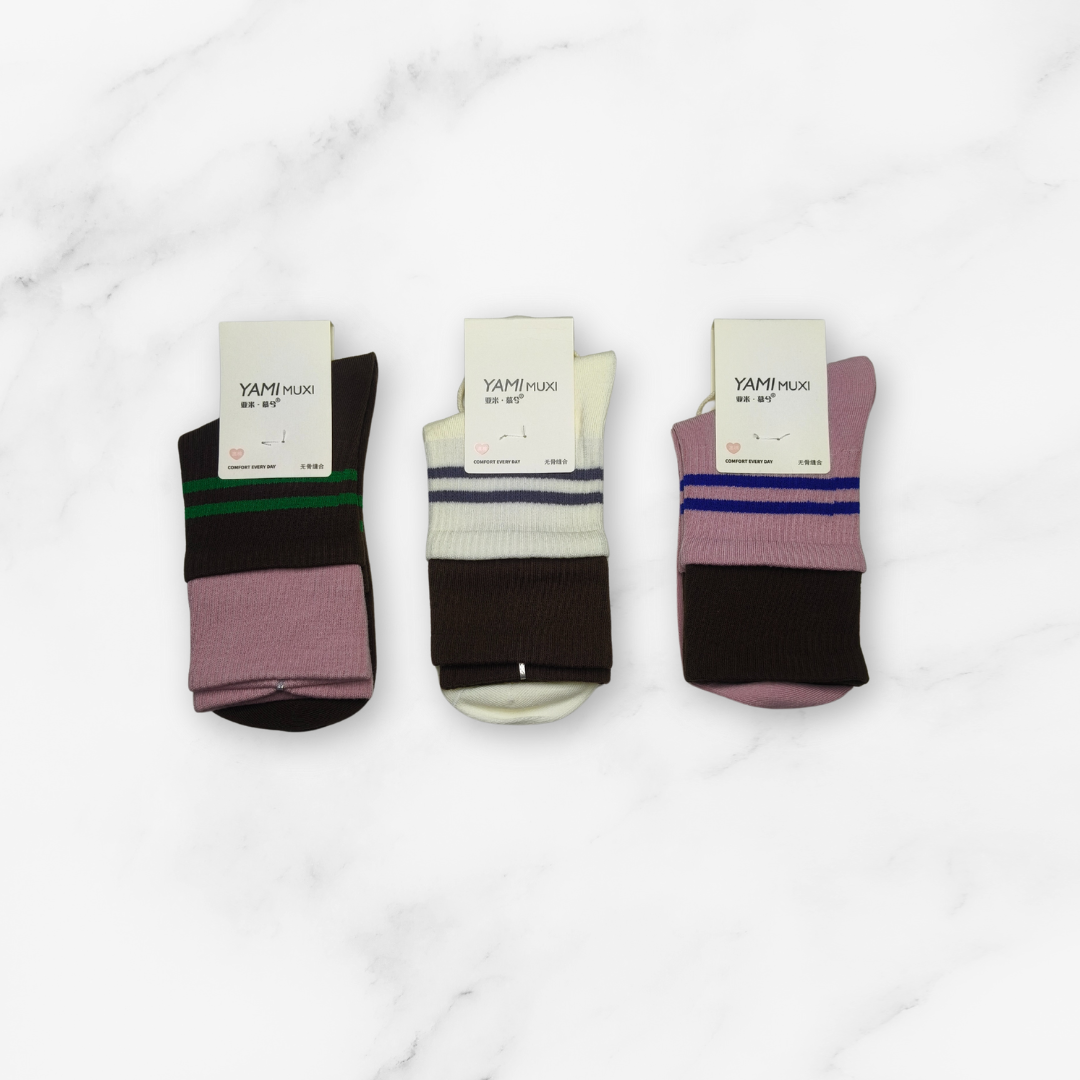 [10143] - 3 Pairs Women’s Cotton Blend High-Cut Crew Socks – Breathable Stripes/Plain & Comfort _3