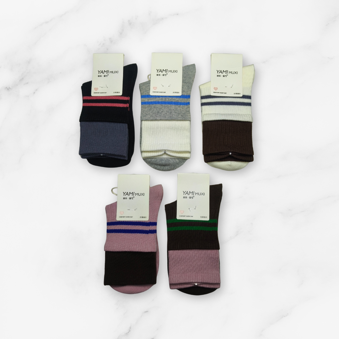 [10143] - 3 Pairs Women’s Cotton Blend High-Cut Crew Socks – Breathable Stripes/Plain & Comfort _1