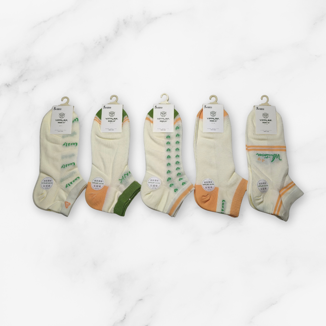 [10142B] - 5 Pairs Women’s High-Cotton Low-Cut Ankle Socks – Breathable Stripes/Shapes & Comfort_1