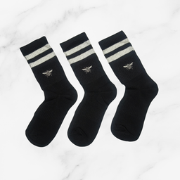 [10128] - 3 Pairs Women’s Cotton Blend High-Cut Crew Socks – Breathable Stripes/Plain & Comfort 