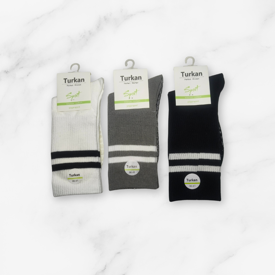 [10127] - 3 Pairs Women’s High-Cotton High-Cut Crew Socks – Breathable Stripes/Plain & Comfort _2