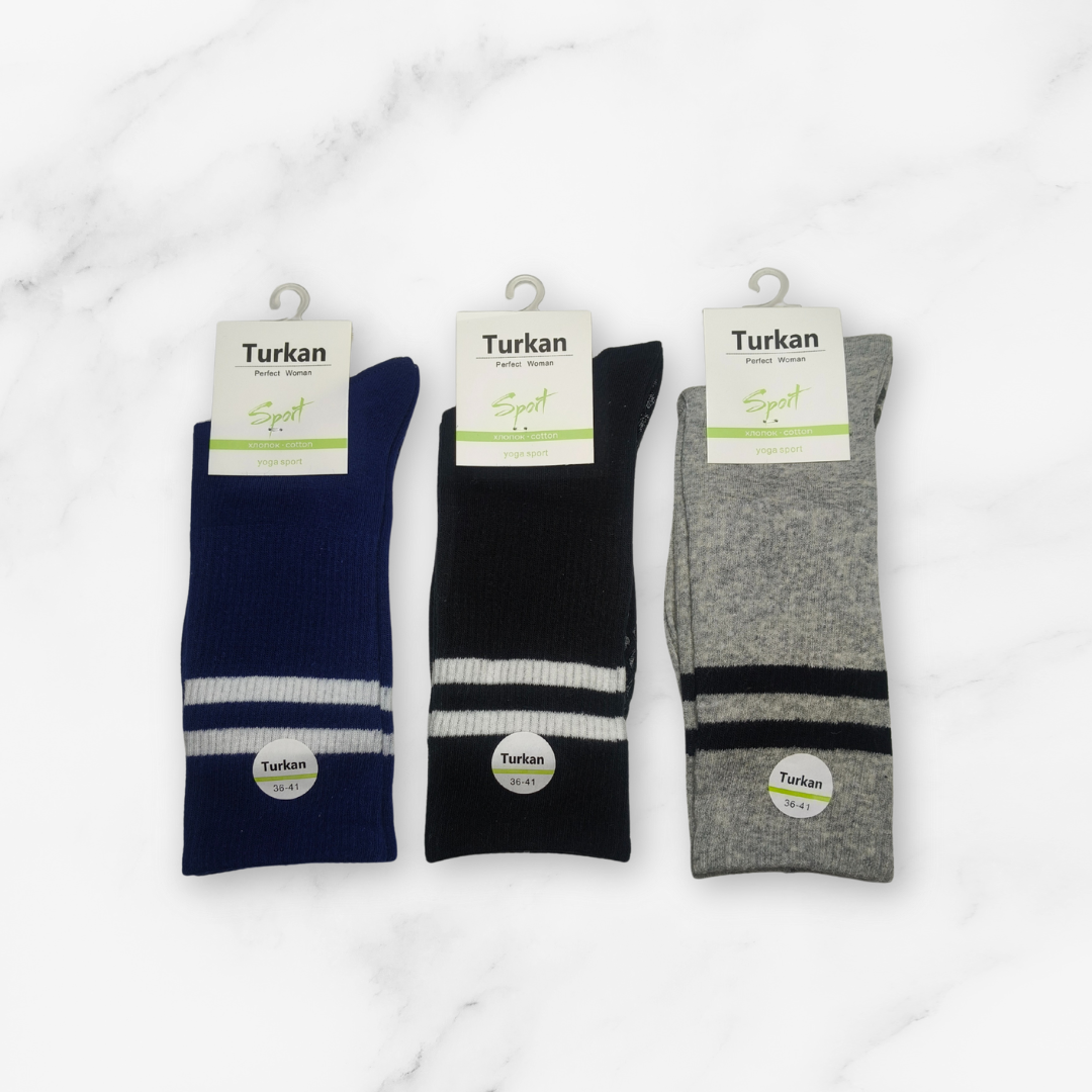 [10127] - 3 Pairs Women’s High-Cotton High-Cut Crew Socks – Breathable Stripes/Plain & Comfort _4