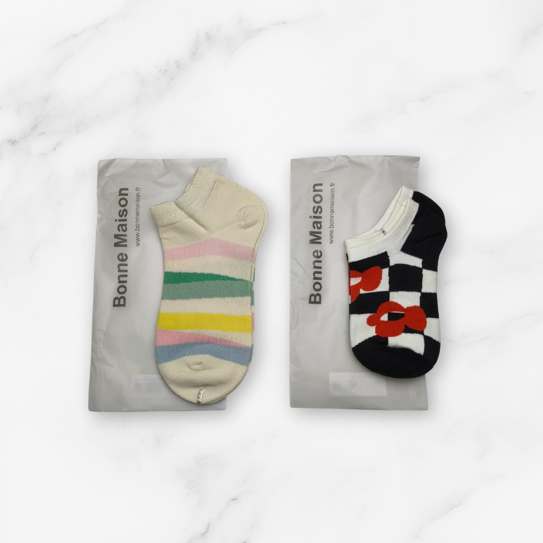 [10192] - 2 Pairs Women’s High-Cotton Low-Cut Ankle Socks – Breathable Shapes/Stripes & Trendy Graphics _7