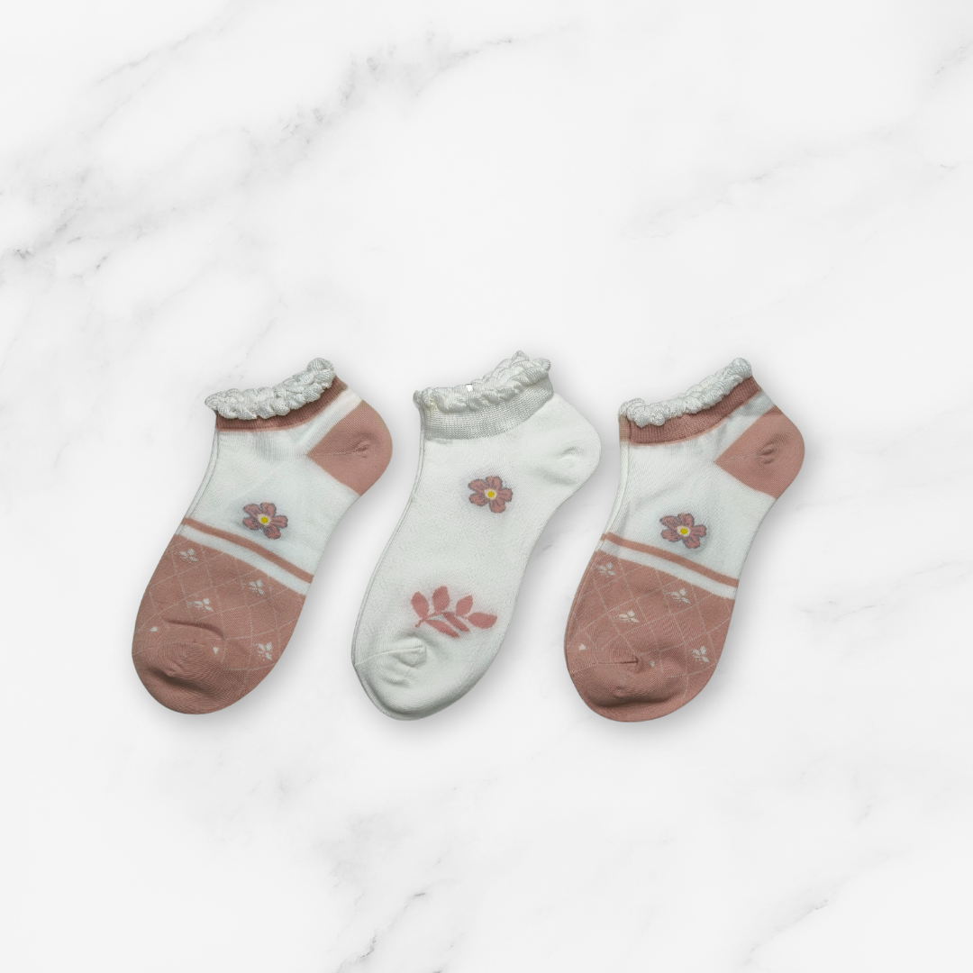 [10155] - 3 Pairs Women’s Cotton Blend Low-Cut Ankle Socks – Breathable Floral/Shape Motifs _6