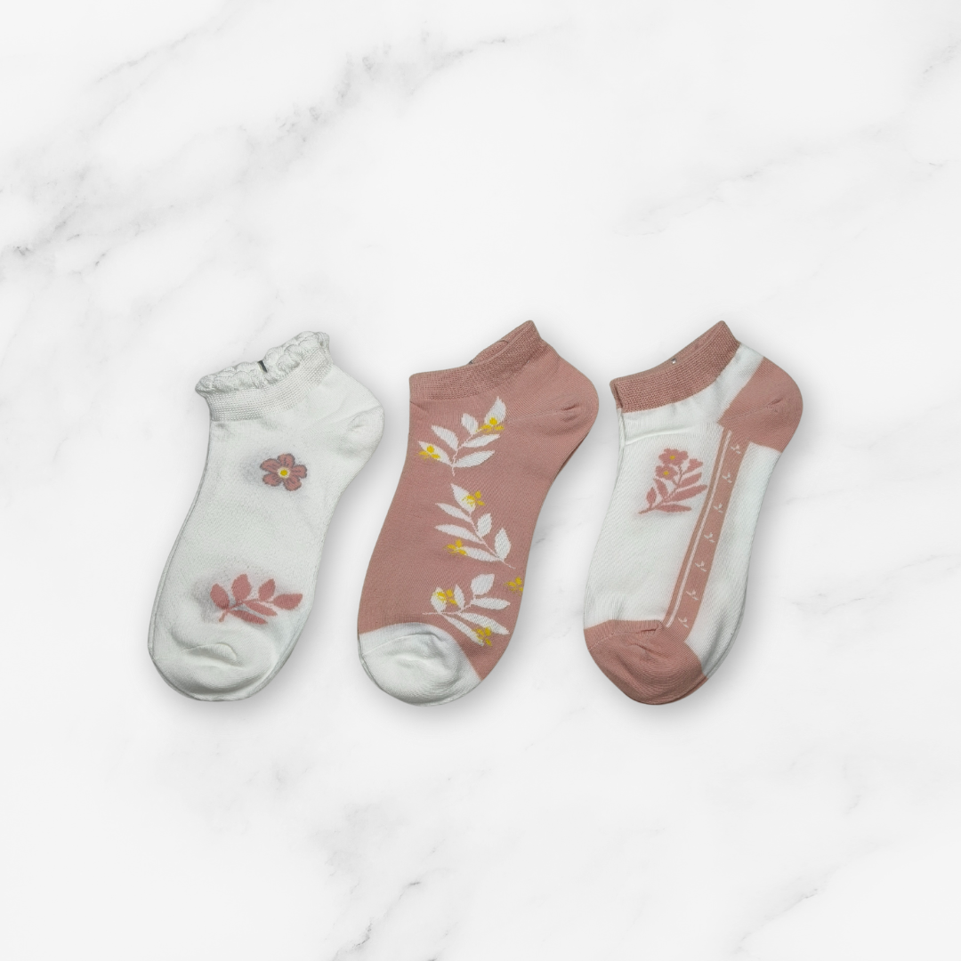 [10155] - 3 Pairs Women’s Cotton Blend Low-Cut Ankle Socks – Breathable Floral/Shape Motifs _7