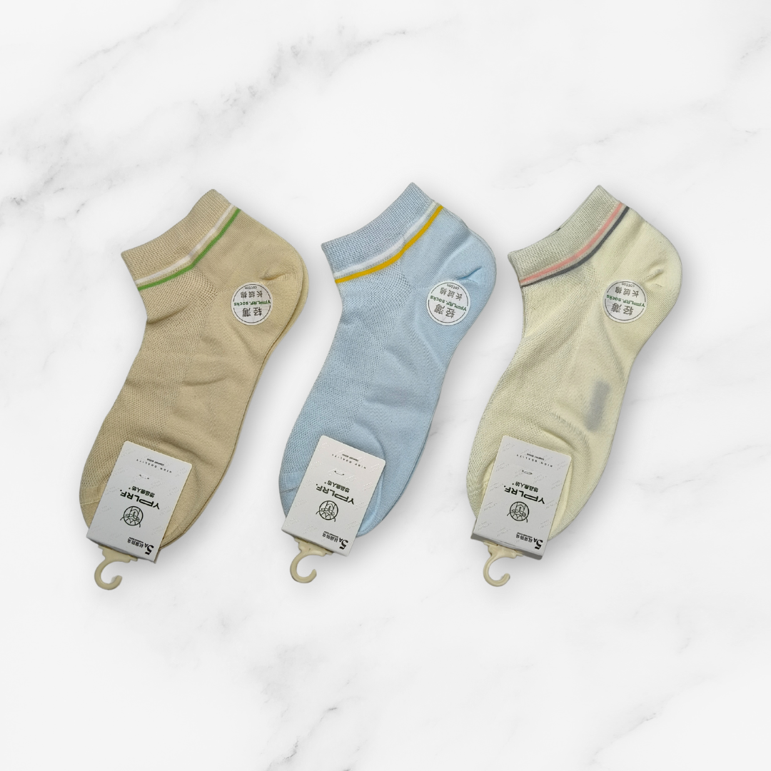 [10151] - 3 Pairs Women’s High-Cotton Low-Cut Ankle Socks – Breathable Stripes/Plain & Comfort _10