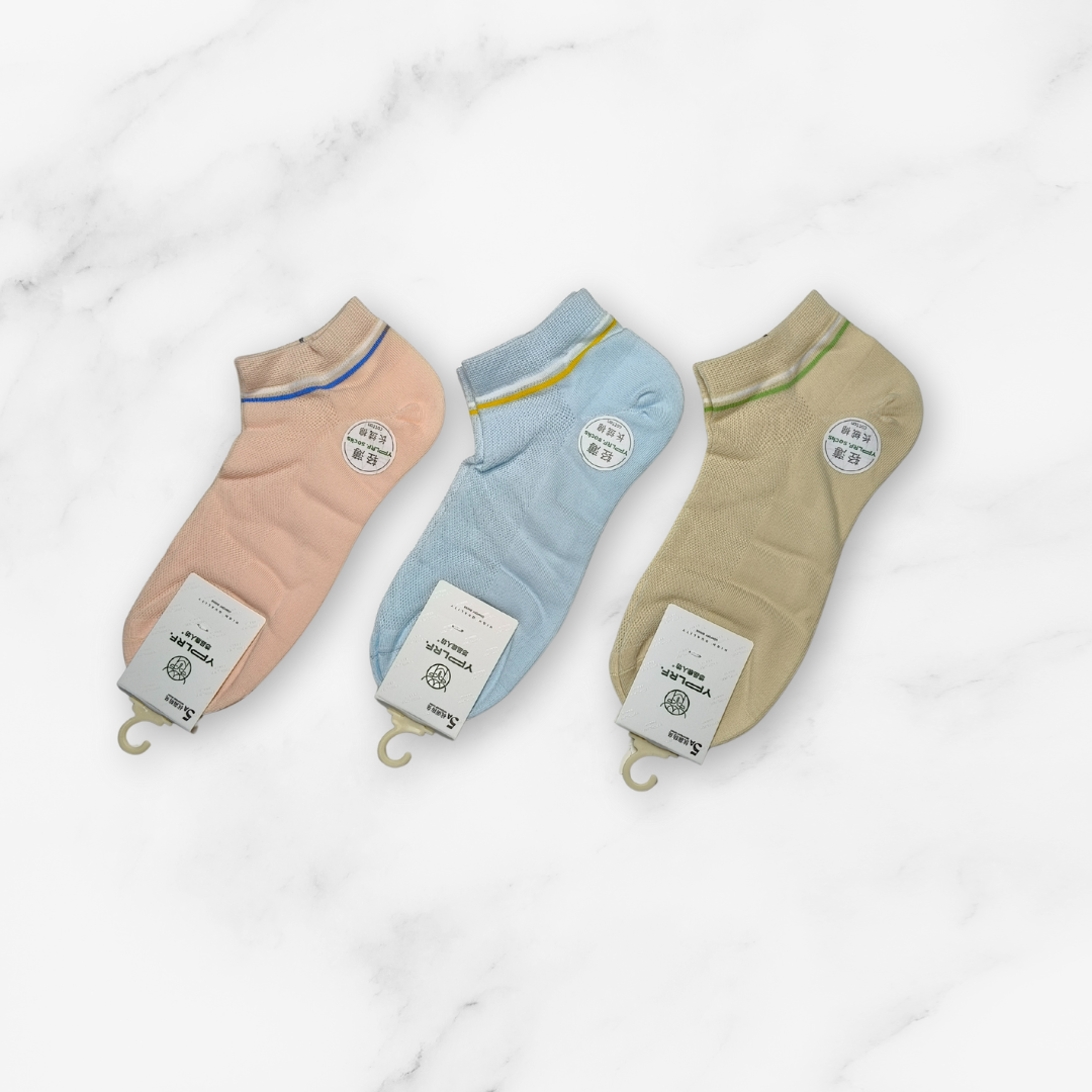 [10151] - 3 Pairs Women’s High-Cotton Low-Cut Ankle Socks – Breathable Stripes/Plain & Comfort _11