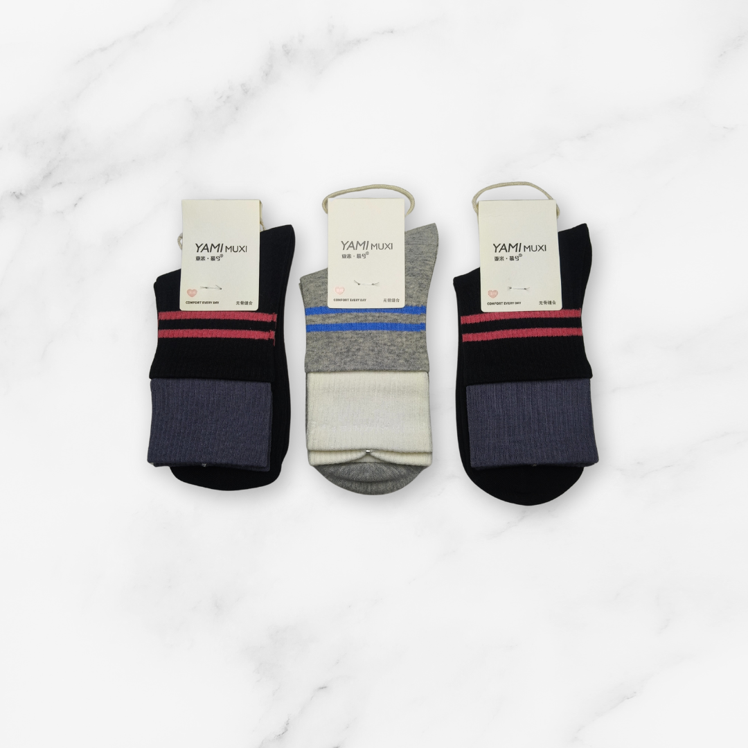 [10143] - 3 Pairs Women’s Cotton Blend High-Cut Crew Socks – Breathable Stripes/Plain & Comfort _10