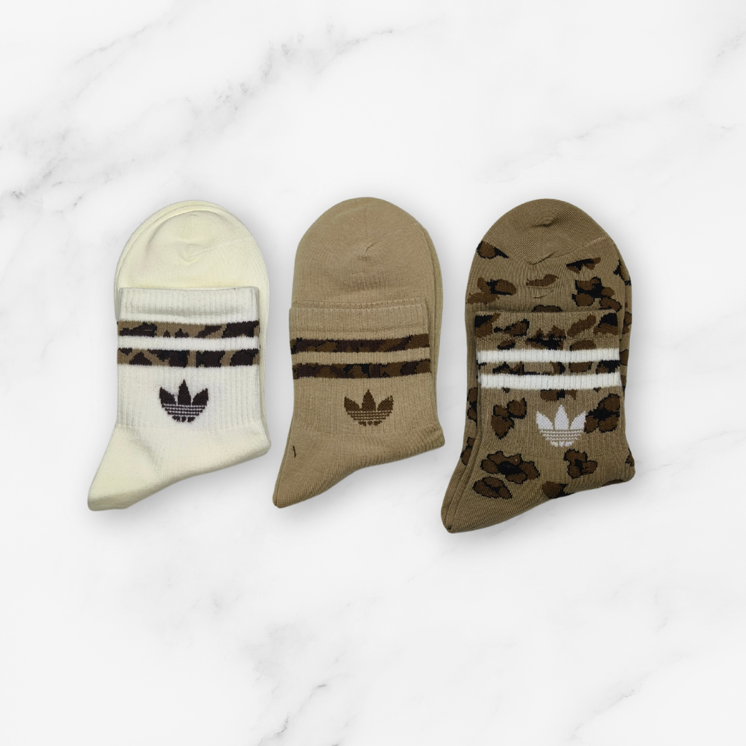 [10130] - 3 Pairs Women’s Cotton High-Cut Crew Socks – Breathable Stripes/Plain & Comfort _9