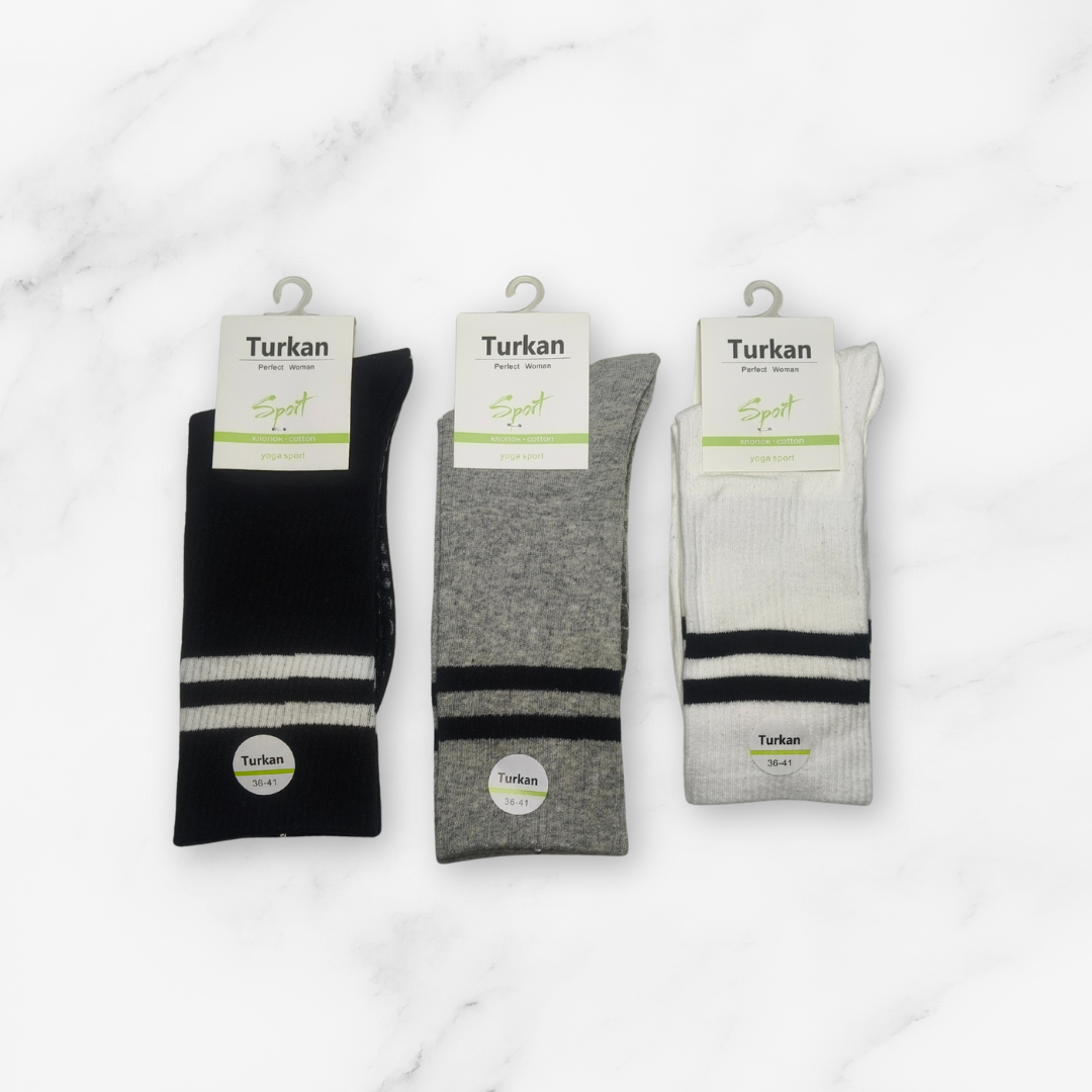 [10127] - 3 Pairs Women’s High-Cotton High-Cut Crew Socks – Breathable Stripes/Plain & Comfort _12