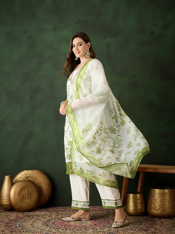 Green & White Roman Silk Embroidered Kurta With Trouser & Dupatta_0