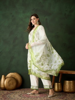 Green & White Roman Silk Embroidered Kurta With Trouser & Dupatta