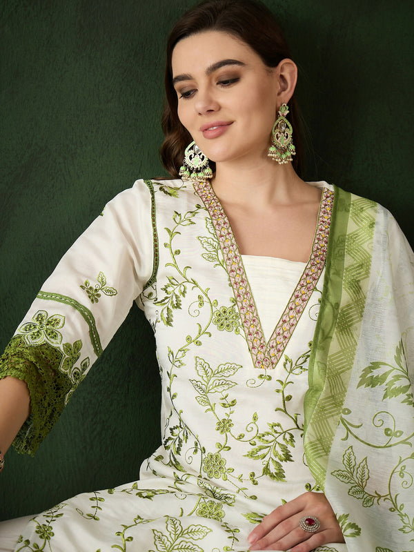 Green & White Roman Silk Embroidered Kurta With Trouser & Dupatta_1