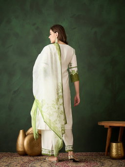 Green & White Roman Silk Embroidered Kurta With Trouser & Dupatta