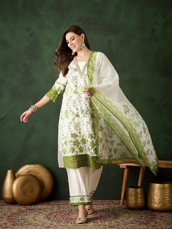 Green & White Roman Silk Embroidered Kurta With Trouser & Dupatta_5