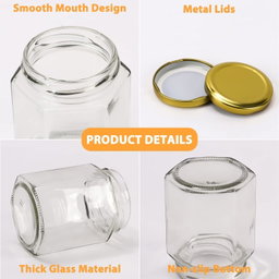 Contenedor de Vidrio Hexagonal, tapa Dorada de aluminio