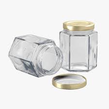 Contenedor de Vidrio Hexagonal, tapa Dorada de aluminio
