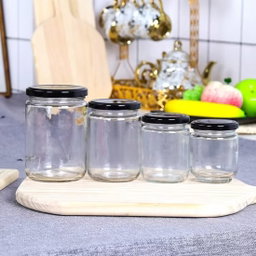 Contenedor de Vidrio Redondo, tapa negra de aluminio