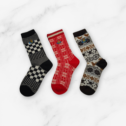 [20036] - 3 Pairs Women’s Cotton Blend High-Cut Crew Socks – Breathable Stripes/Shapes & Everyday Comfort