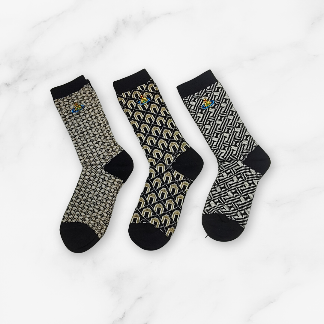 [20036] - 3 Pairs Women’s Cotton Blend High-Cut Crew Socks – Breathable Stripes/Shapes & Everyday Comfort_4