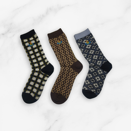 [20036] - 3 Pairs Women’s Cotton Blend High-Cut Crew Socks – Breathable Stripes/Shapes & Everyday Comfort
