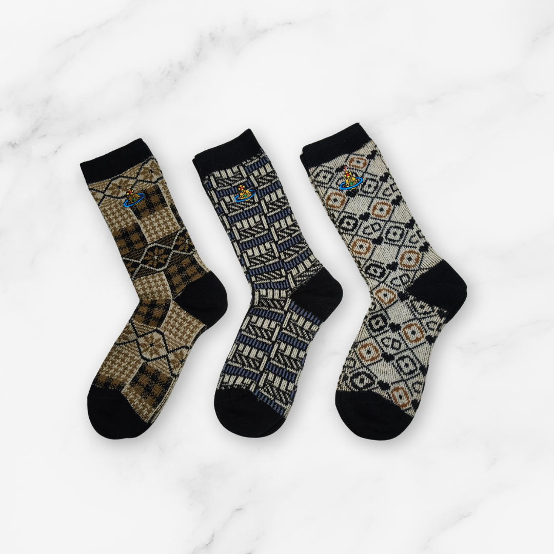[20036] - 3 Pairs Women’s Cotton Blend High-Cut Crew Socks – Breathable Stripes/Shapes & Everyday Comfort_7