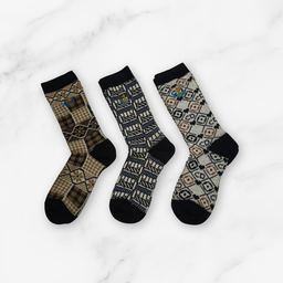 [20036] - 3 Pairs Women’s Cotton Blend High-Cut Crew Socks – Breathable Stripes/Shapes & Everyday Comfort
