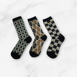 [20036] - 3 Pairs Women’s Cotton Blend High-Cut Crew Socks – Breathable Stripes/Shapes & Everyday Comfort