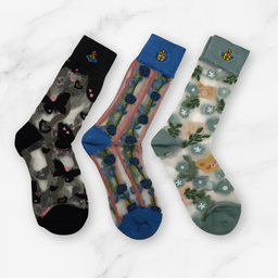 [20032] - 3 Pairs Women’s Sheer High-Cut Crew Socks – Breathable Floral Motifs