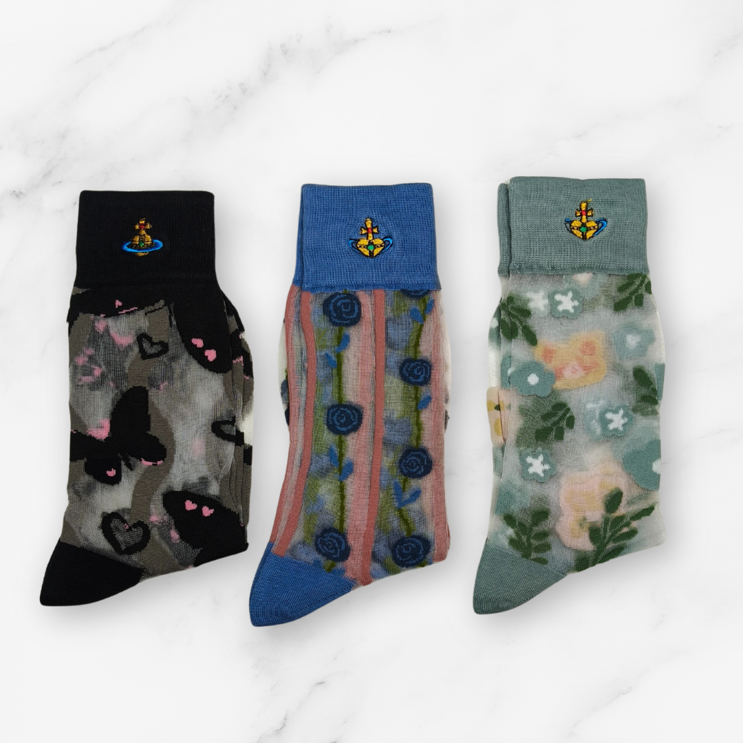 [20032] - 3 Pairs Women’s Sheer High-Cut Crew Socks – Breathable Floral Motifs_2