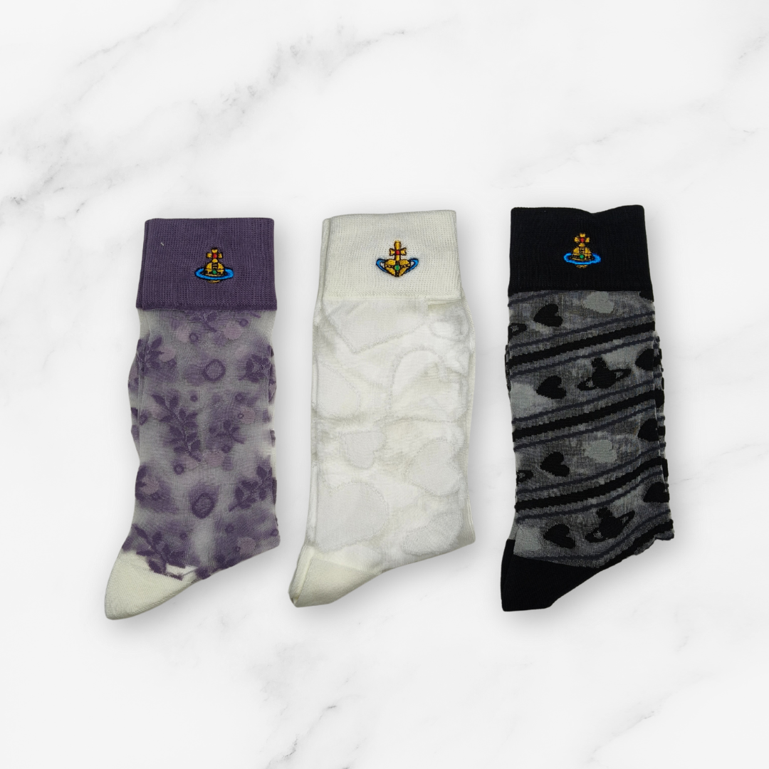 [20030] - 3 Pairs Women’s Sheer High-Cut Crew Socks – Breathable Floral Motifs, Neutral Tones_2