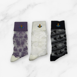 [20030] - 3 Pairs Women’s Sheer High-Cut Crew Socks – Breathable Floral Motifs, Neutral Tones