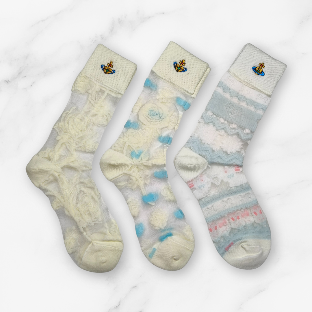 [20029] - 3 Pairs Women’s Sheer High-Cut Crew Socks – Breathable Floral Motifs_1