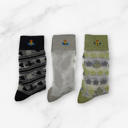 [20028] - 3 Pairs Women’s Sheer High-Cut Crew Socks – Breathable Floral Motifs