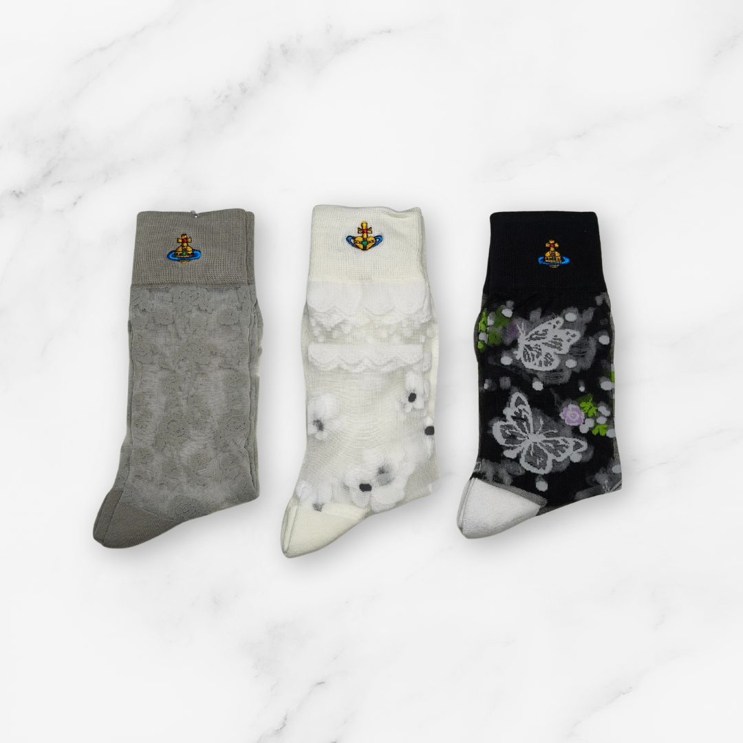 [20027] - 3 Pairs Women’s Sheer High-Cut Crew Socks – Breathable Floral Motifs, Neutral Tones_2