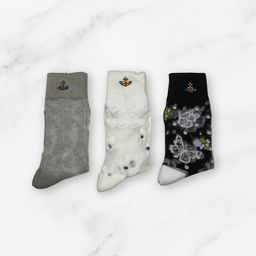 [20027] - 3 Pairs Women’s Sheer High-Cut Crew Socks – Breathable Floral Motifs, Neutral Tones