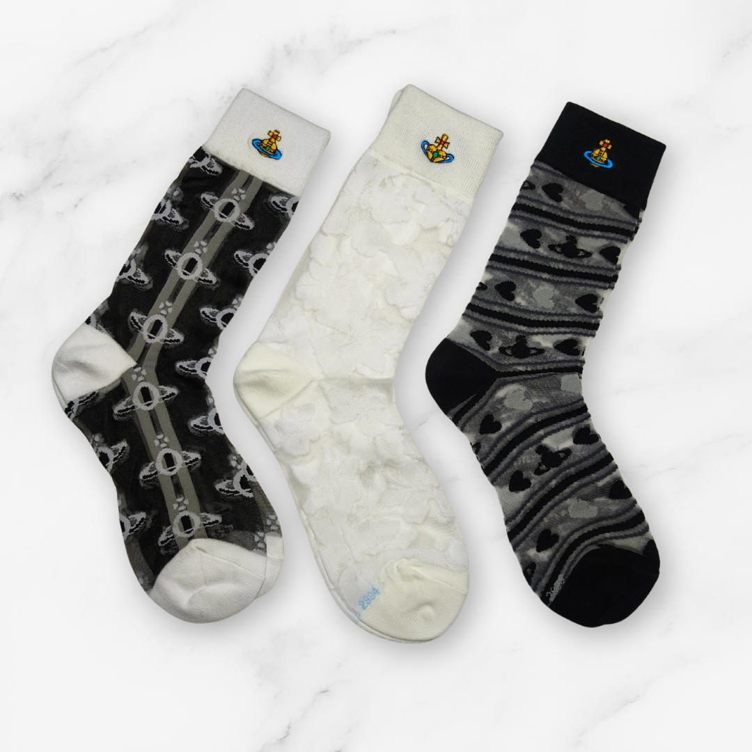 [20022] - 3 Pairs Women’s Sheer High-Cut Crew Socks – Breathable Floral Motifs, Neutral Tones_1
