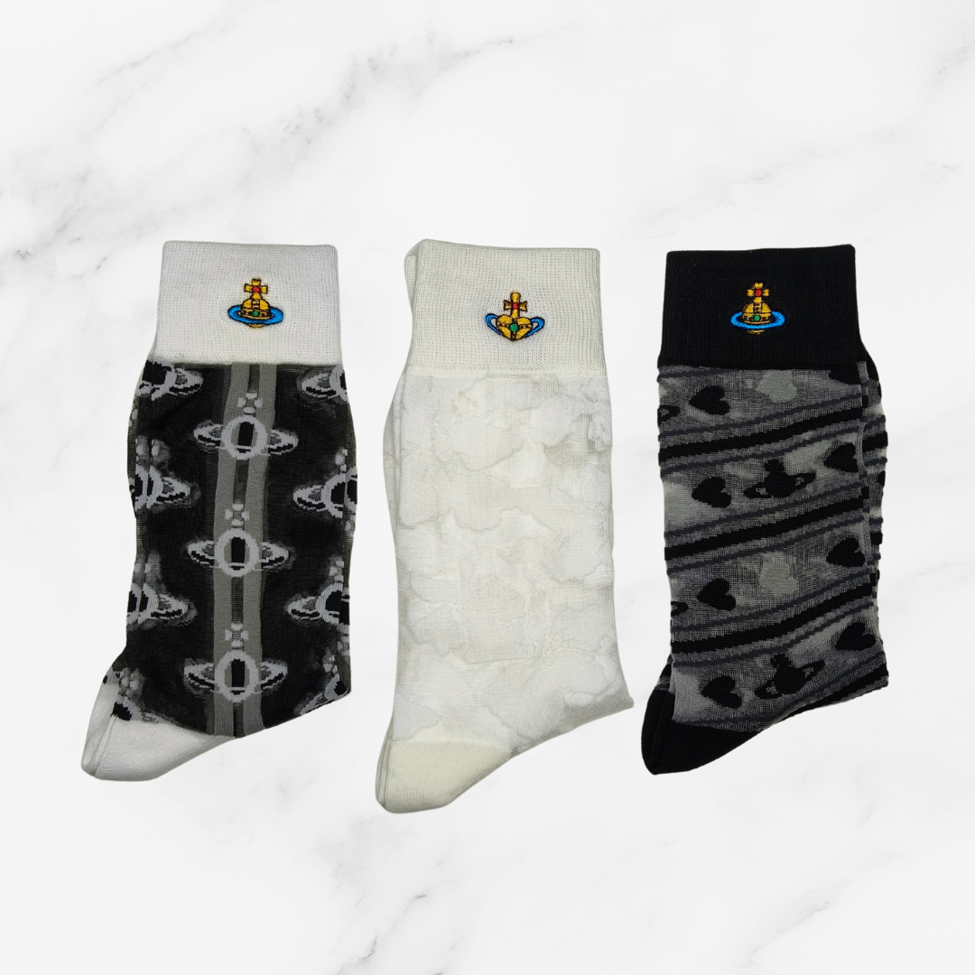 [20022] - 3 Pairs Women’s Sheer High-Cut Crew Socks – Breathable Floral Motifs, Neutral Tones_2