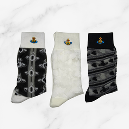 [20022] - 3 Pairs Women’s Sheer High-Cut Crew Socks – Breathable Floral Motifs, Neutral Tones