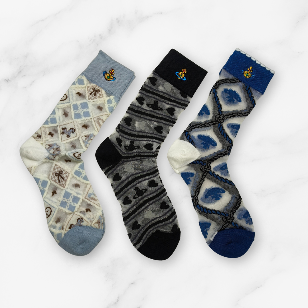 [20021] - 3 Pairs Women’s Sheer High-Cut Crew Socks – Breathable Floral Motifs_1
