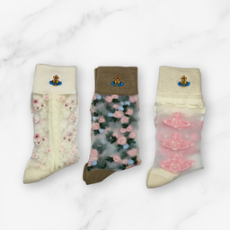 [20015] - 3 Pairs Women’s Sheer High-Cut Crew Socks – Breathable Floral Motifs