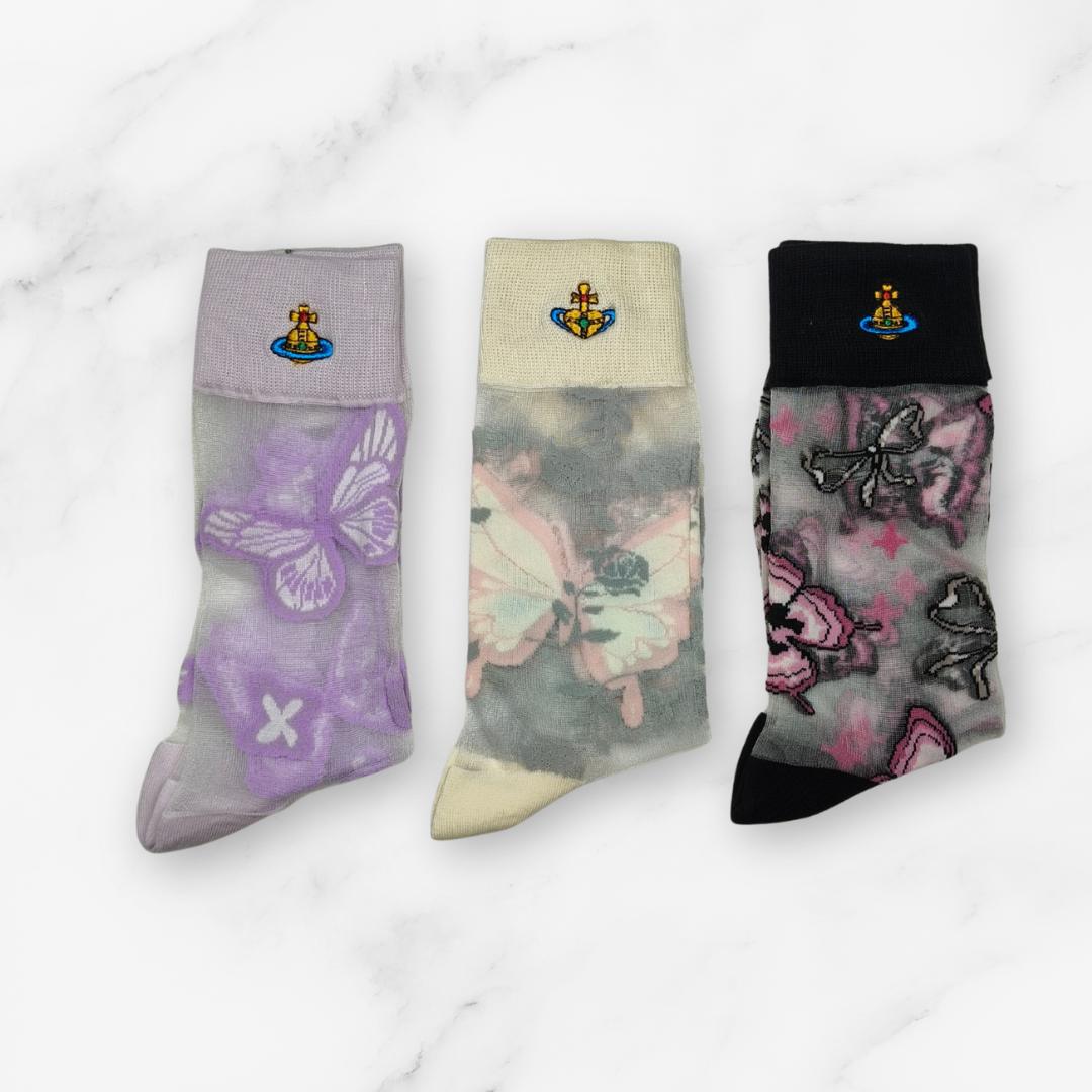 [20014] - 3 Pairs Women’s Sheer High-Cut Crew Socks – Breathable Floral/Butterfly Motifs_2