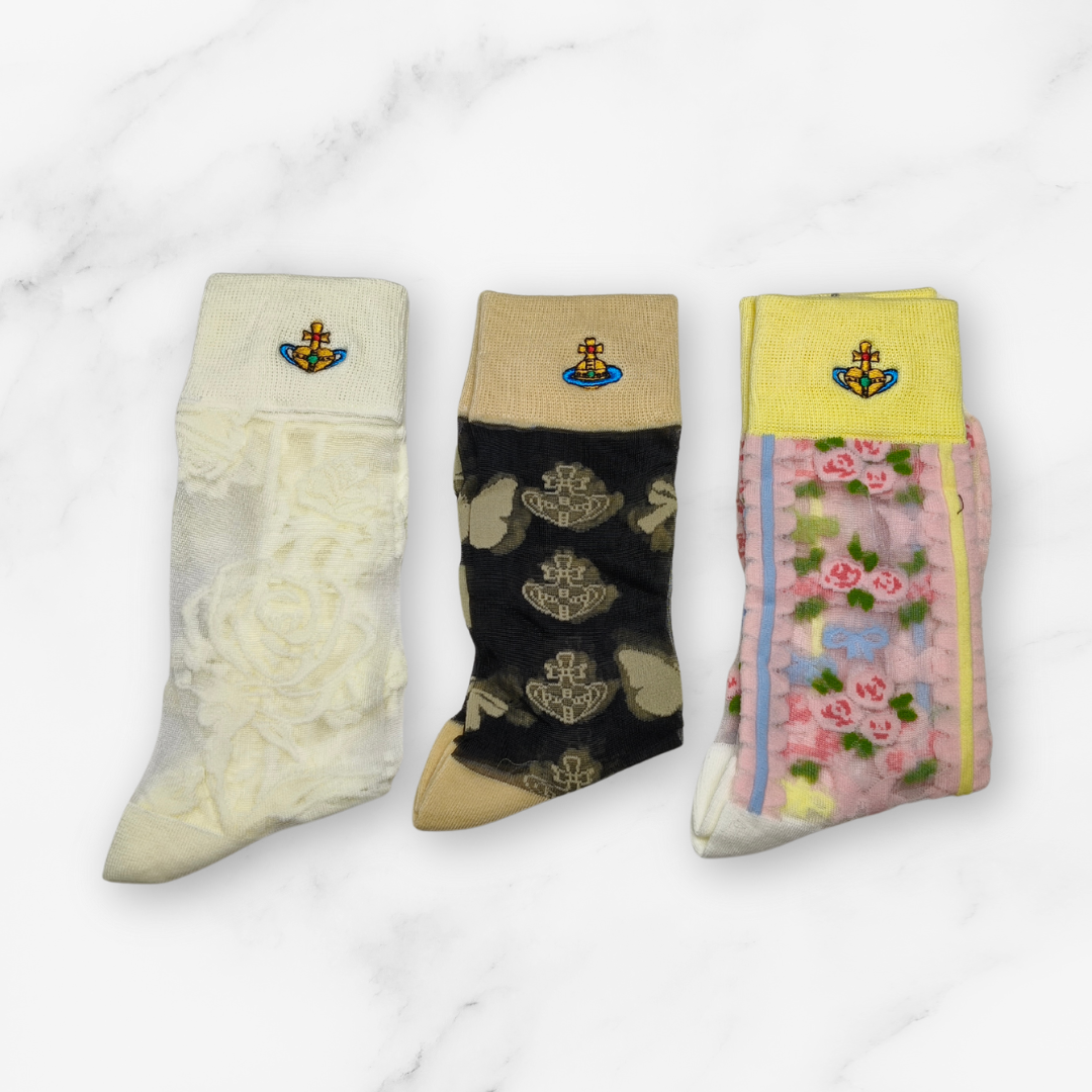 [20011] - 3 Pairs Women’s Sheer High-Cut Crew Socks – Breathable Floral Motifs_2