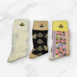 [20011] - 3 Pairs Women’s Sheer High-Cut Crew Socks – Breathable Floral Motifs