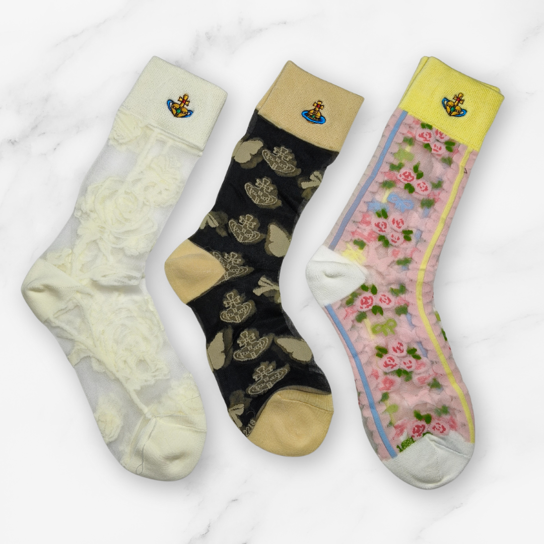 [20011] - 3 Pairs Women’s Sheer High-Cut Crew Socks – Breathable Floral Motifs_1