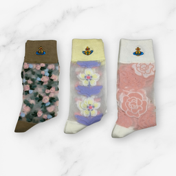 [20010] - 3 Pairs Women’s Sheer High-Cut Crew Socks – Breathable Floral Motifs
