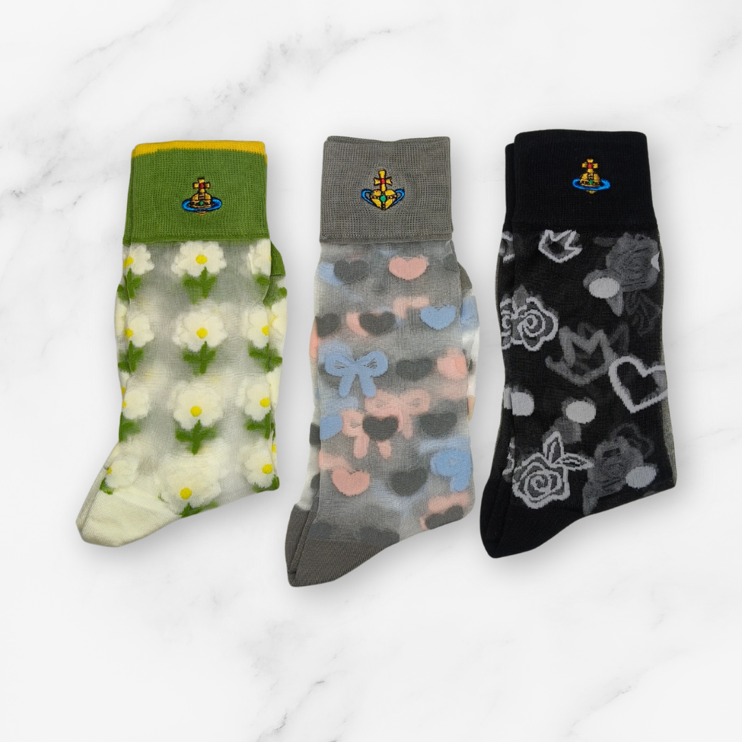 [20008] - 3 Pairs Women’s Sheer High-Cut Crew Socks – Breathable Floral/Love Motifs_2