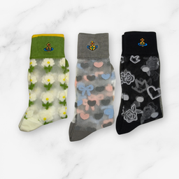 [20008] - 3 Pairs Women’s Sheer High-Cut Crew Socks – Breathable Floral/Love Motifs